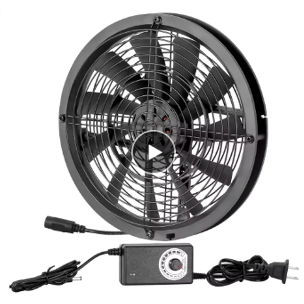 250mm 12V DC cooling fan with black guard, DC lead and mains-powered speed controller unit